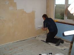 A man kneeling and painting the wall of the house.