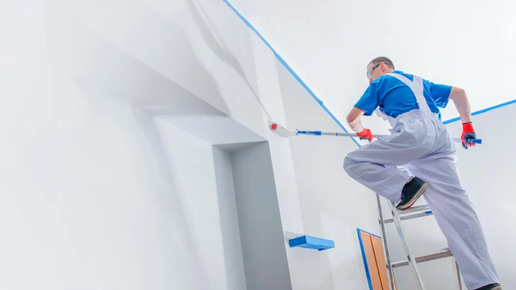 A painter on a ladder painting the wall.