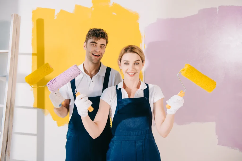 Two young painters smiling at the camera holding paint rollers.