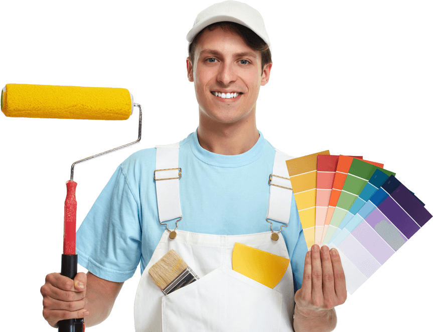 A smiling worker holding a paint roller and color swatches.